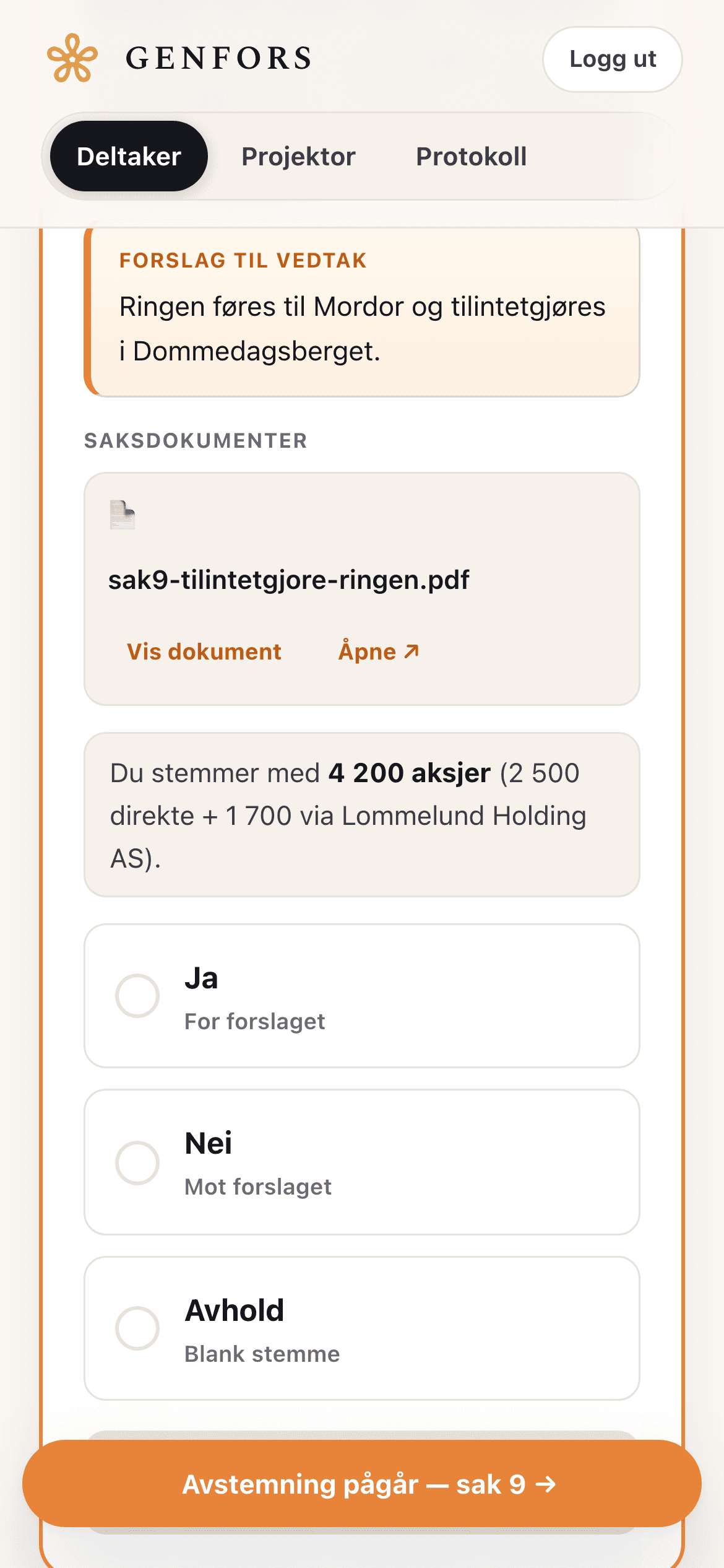 Deltakerflaten på mobil: stemmeseddel med Ja, Nei og Avholdende